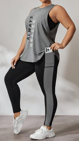 jkthpu-45 Large Athletic Vest Set Print Top Patchwork Fitness Pants
