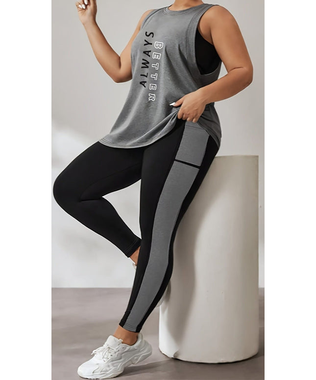 jkthpu-45 Large Athletic Vest Set Print Top Patchwork Fitness Pants