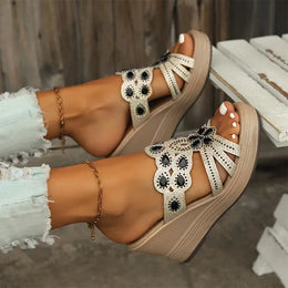 KissICON Large Gold Jewel Decor Wedges Sandals for Women