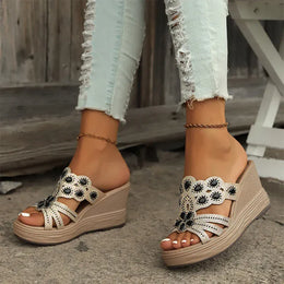 KissICON Large Gold Jewel Decor Wedges Sandals for Women