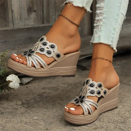 KissICON Large Gold Jewel Decor Wedges Sandals for Women