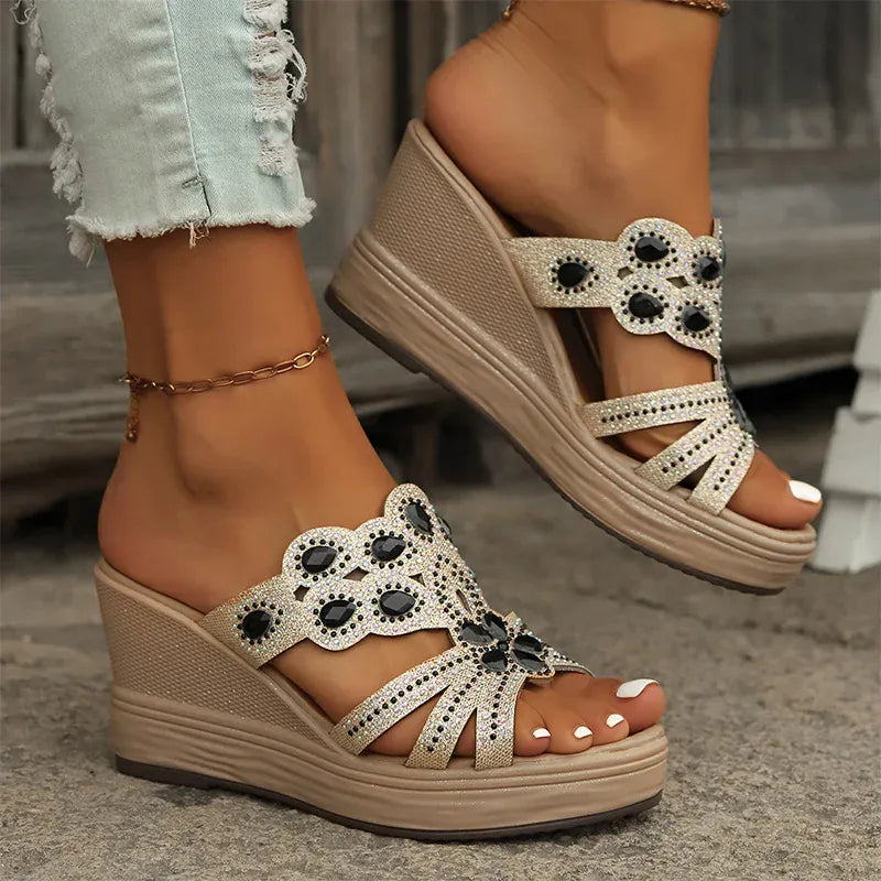 KissICON Large Gold Jewel Decor Wedges Sandals for Women