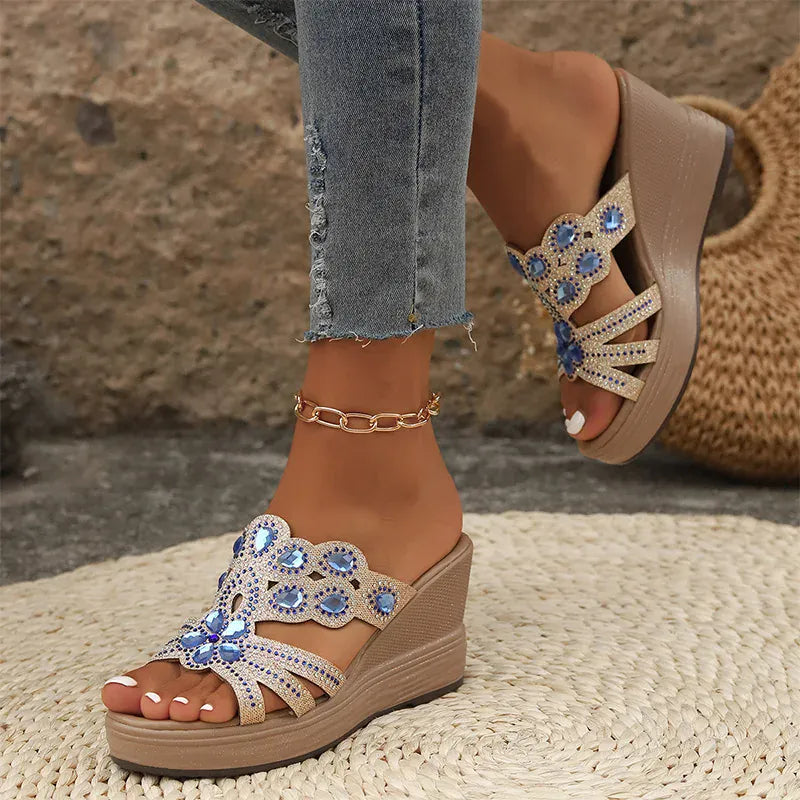 KissICON Large Gold Jewel Decor Wedges Sandals for Women