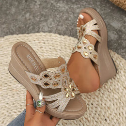 KissICON Large Gold Jewel Decor Wedges Sandals for Women