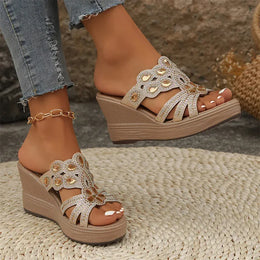 KissICON Large Gold Jewel Decor Wedges Sandals for Women