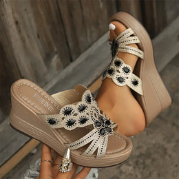 KissICON Large Gold Jewel Decor Wedges Sandals for Women