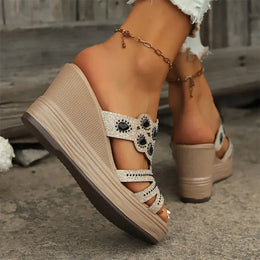 KissICON Large Gold Jewel Decor Wedges Sandals for Women