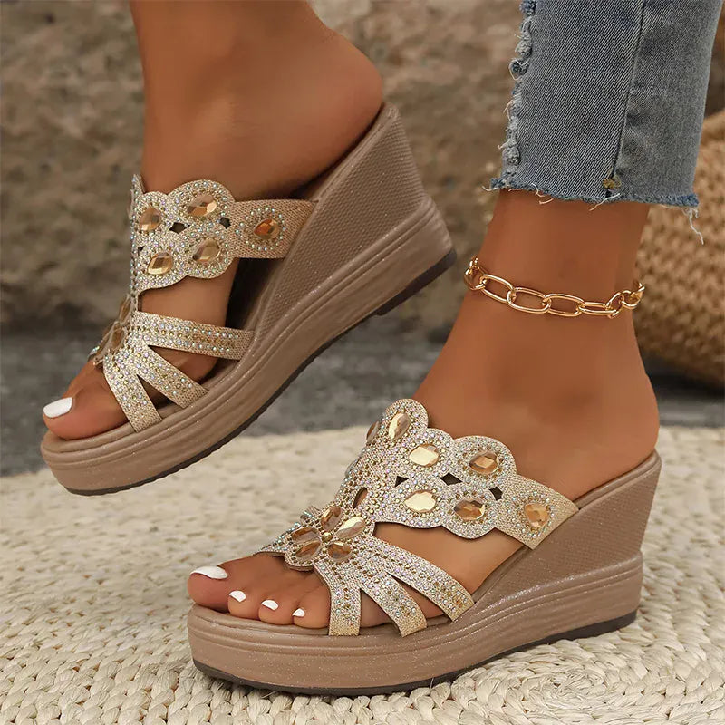 KissICON Large Gold Jewel Decor Wedges Sandals for Women