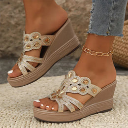 KissICON Large Gold Jewel Decor Wedges Sandals for Women