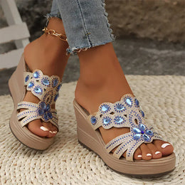 KissICON Large Gold Jewel Decor Wedges Sandals for Women