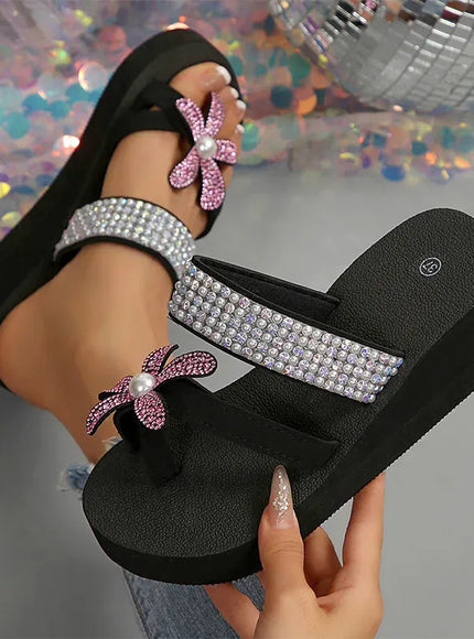 KissICON Large Pearl Flower Wedges Sandals for Women Shiny