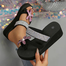 KissICON Large Pearl Flower Wedges Sandals for Women Shiny