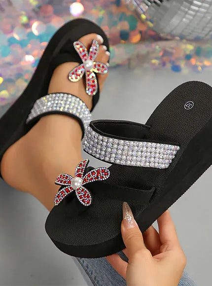 KissICON Large Pearl Flower Wedges Sandals for Women Shiny