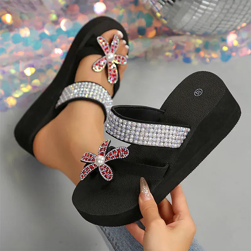 KissICON Large Pearl Flower Wedges Sandals for Women Shiny