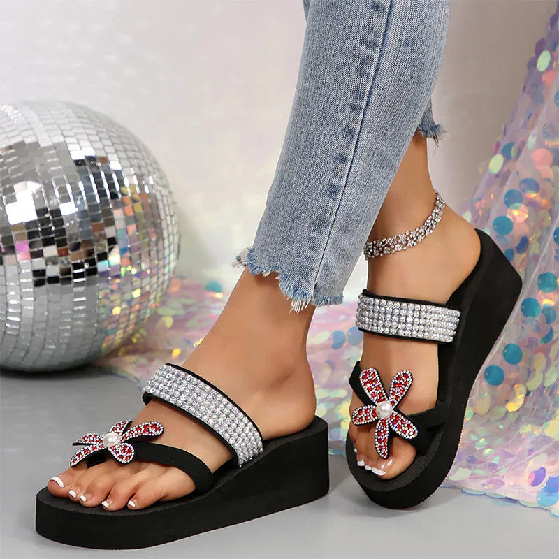 KissICON Large Pearl Flower Wedges Sandals for Women Shiny