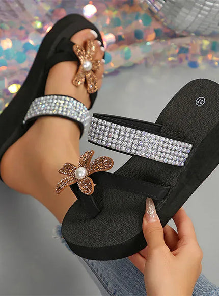 KissICON Large Pearl Flower Wedges Sandals for Women Shiny