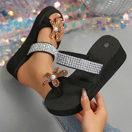 KissICON Large Pearl Flower Wedges Sandals for Women Shiny
