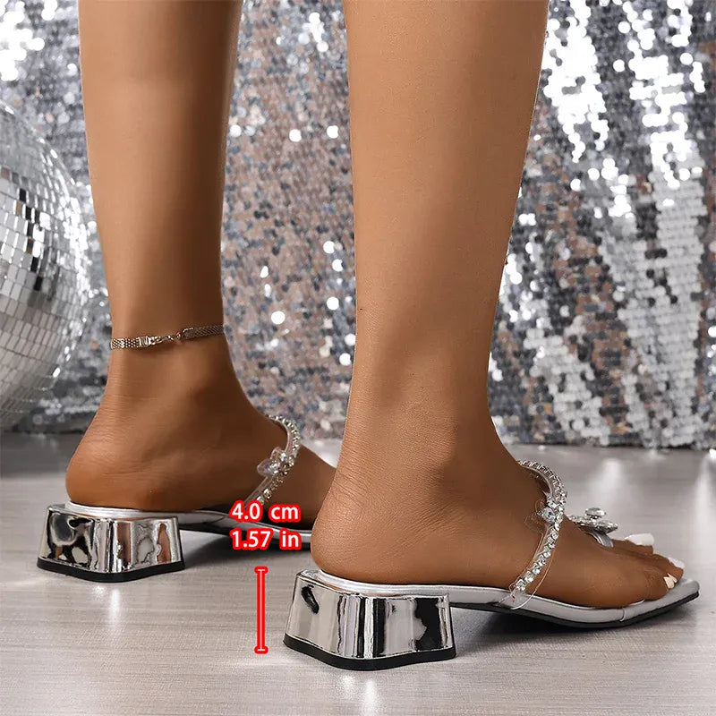 KissICON Large Shiny Crystal Thick Heels Sandals for Women