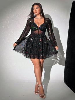 jkthpu-45 Large size Women's V-neck long sleeved tight mini party dress, lace doll dress, sequin erotic dress, fashionable party dress