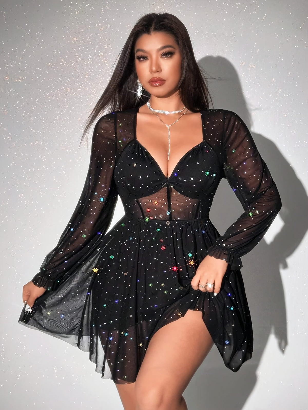 jkthpu-45 Large size Women's V-neck long sleeved tight mini party dress, lace doll dress, sequin erotic dress, fashionable party dress
