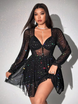 jkthpu-45 Large size Women's V-neck long sleeved tight mini party dress, lace doll dress, sequin erotic dress, fashionable party dress