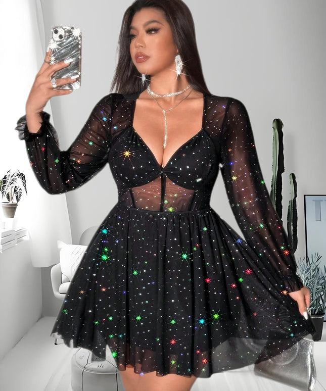 jkthpu-45 Large size Women's V-neck long sleeved tight mini party dress, lace doll dress, sequin erotic dress, fashionable party dress