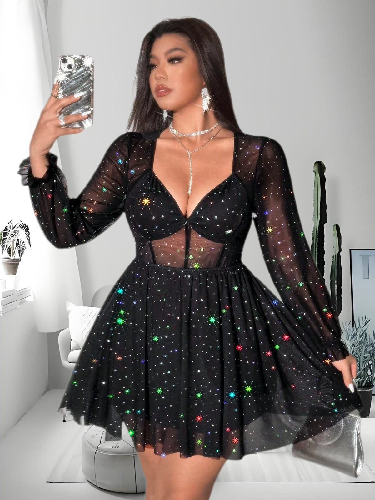 jkthpu-45 Large size Women's V-neck long sleeved tight mini party dress, lace doll dress, sequin erotic dress, fashionable party dress