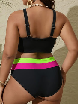 KissICON Large-sized Women's Color-block Bikini – High-waist Two-piece