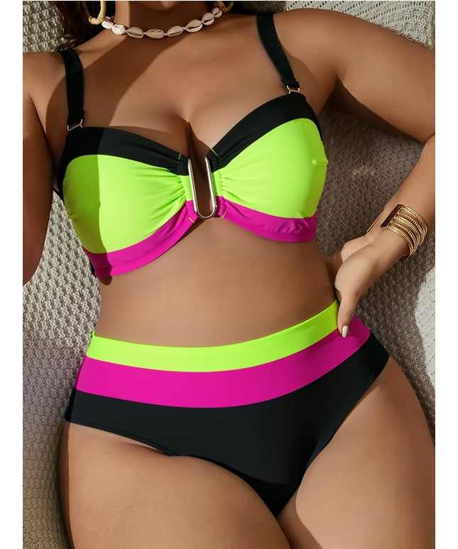 KissICON Large-sized Women's Color-block Bikini – High-waist Two-piece