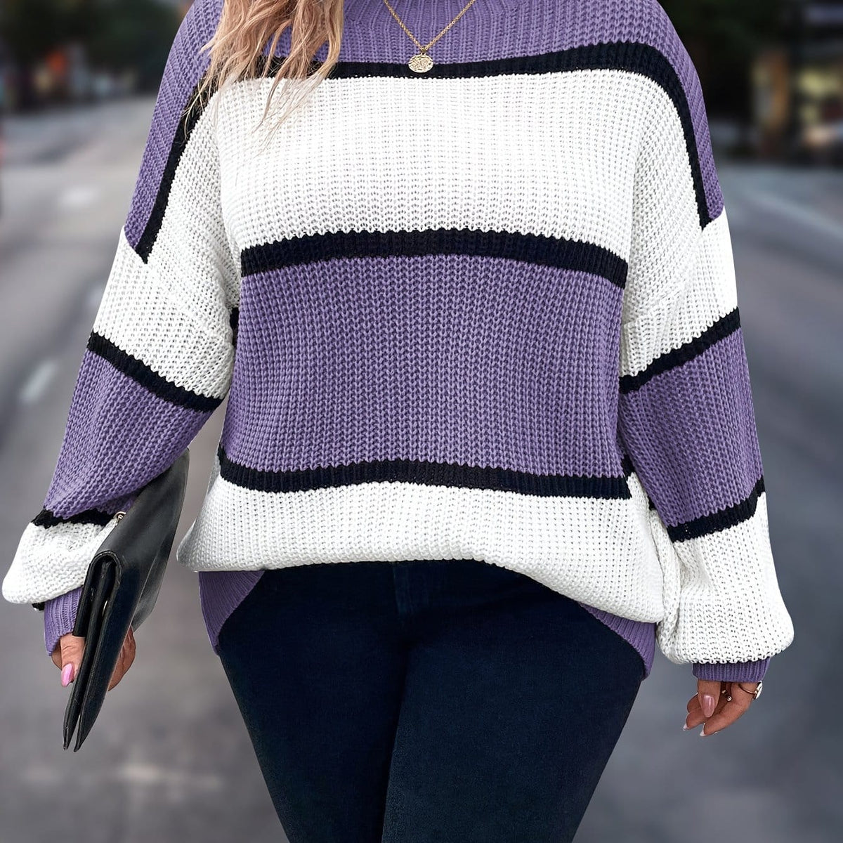jkthpu-45 Lavender / UK 16 Chic Plus-Size Striped Sweater for Women - Cozy