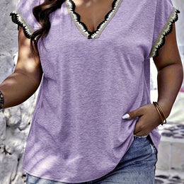 KissICON Lavender / UK 18 Plus Size, Spring-Summer Plus Size Contrast Lace Trim T-Shirt Top