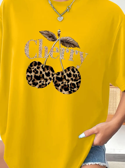 KissICON Lemon Yellow / UK 16 Plus Size - Plus Size - Plus Size Women'S Cherry Print T-Shirt - Casual Short Sleeve Crew Neck, Stretchy Fabric, Spring/Summer/Fall Fashion Top with Leopard Print Design, Casual Wear | Leopard Print Top | Stretchy Fabric Shir