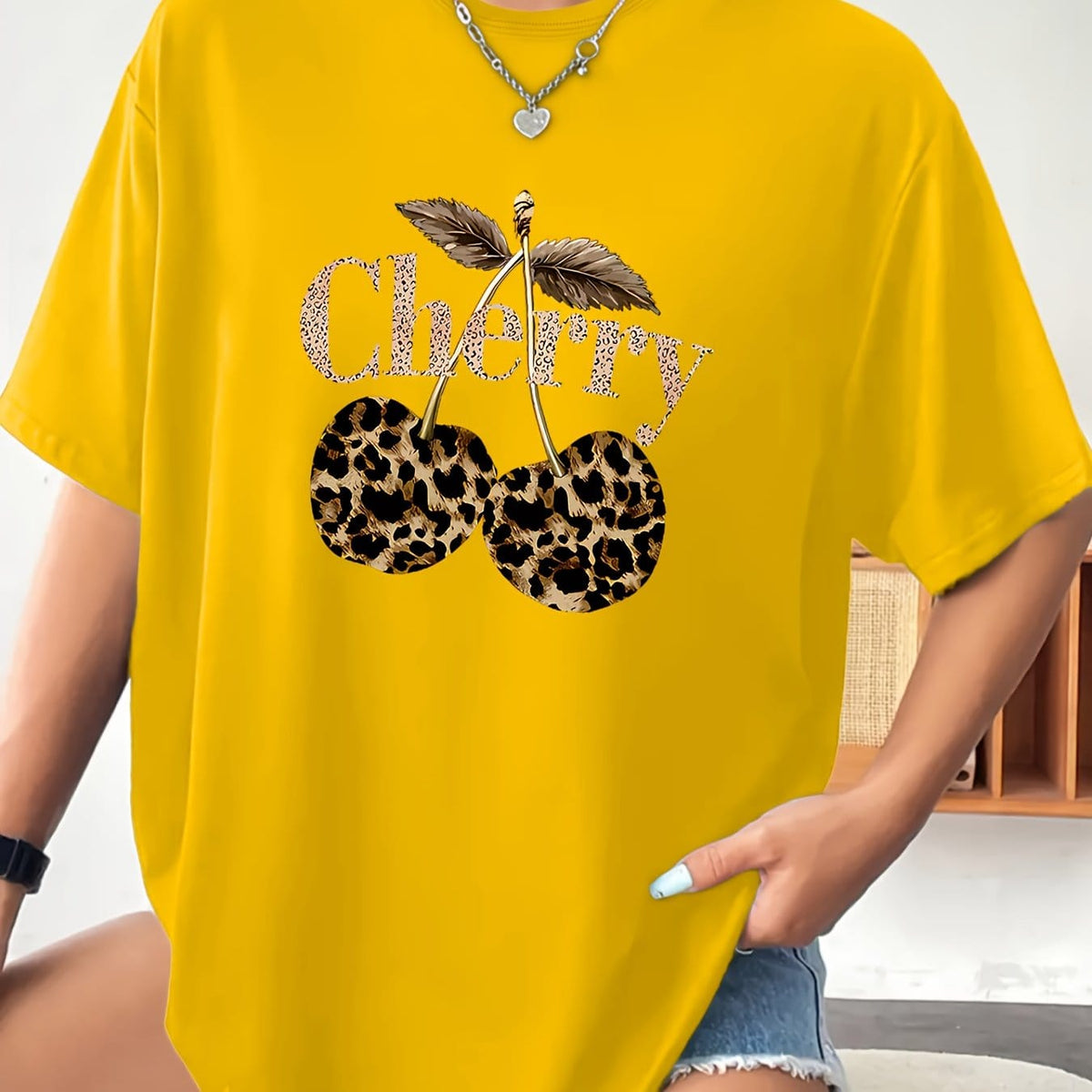 KissICON Lemon Yellow / UK 16 Plus Size - Plus Size - Plus Size Women'S Cherry Print T-Shirt - Casual Short Sleeve Crew Neck, Stretchy Fabric, Spring/Summer/Fall Fashion Top with Leopard Print Design, Casual Wear | Leopard Print Top | Stretchy Fabric Shir