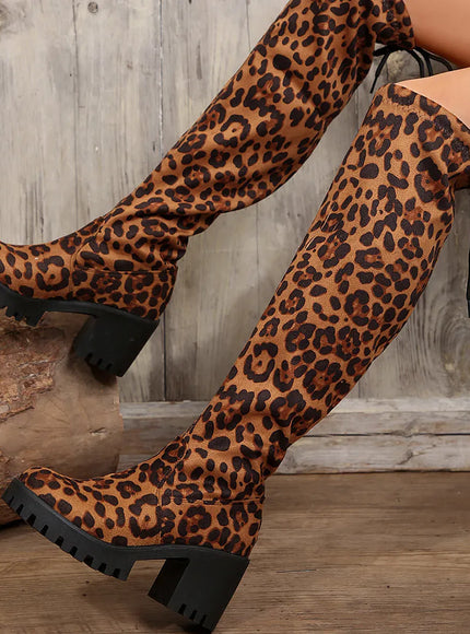 KissICON Leopard / 39 Western Brown Leopard Thigh High Boots for Women
