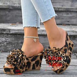 KissICON leopard / 40 Flower Decor Wedges Sandals for Women Fashion Leopard