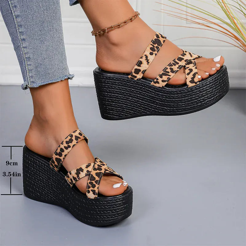 KissICON leopard / 43 Fashion Leopard Wedges Sandals Women Plus Size Cross