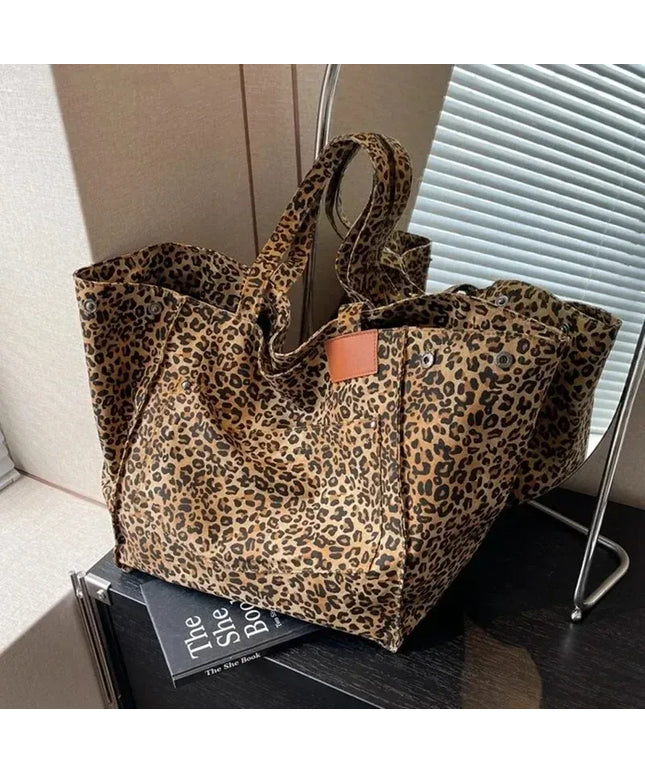 Dropshipman Leopard Pattern Tote Bag Vintage Canvas Shoulder Bag Fashion Big Capacity Handbag For School Work Shopping