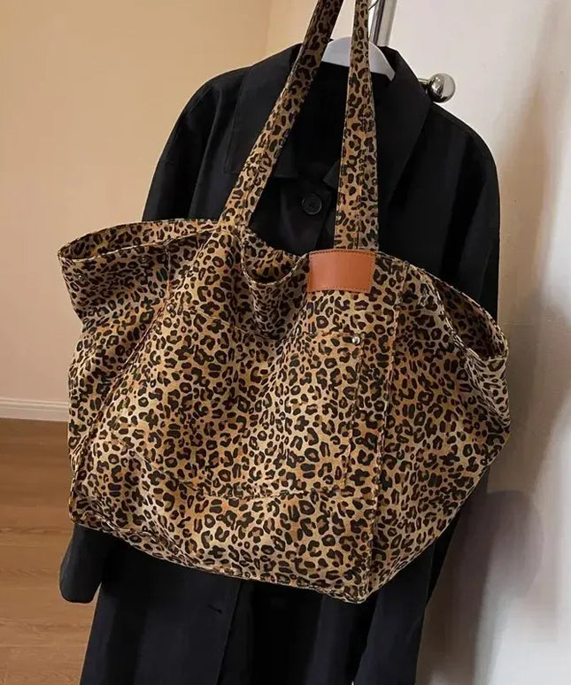 Dropshipman Leopard Pattern Tote Bag Vintage Canvas Shoulder Bag Fashion Big Capacity Handbag For School Work Shopping