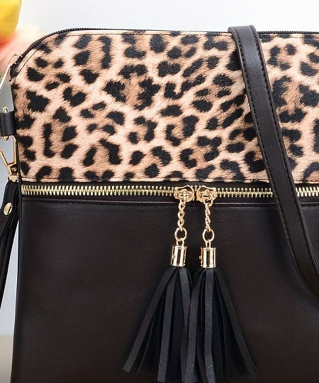 jkthpu-45 Leopard Print Crossbody Bag, Stylish Zipper Closure Purses, Tassel Decor Shoulder Bag For Women