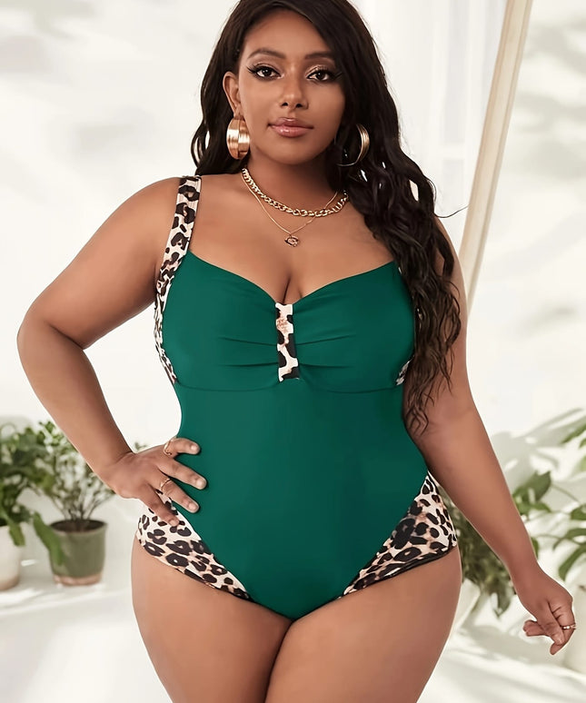 KissICON Leopard Print Stitching Solid Color Women's One-piece