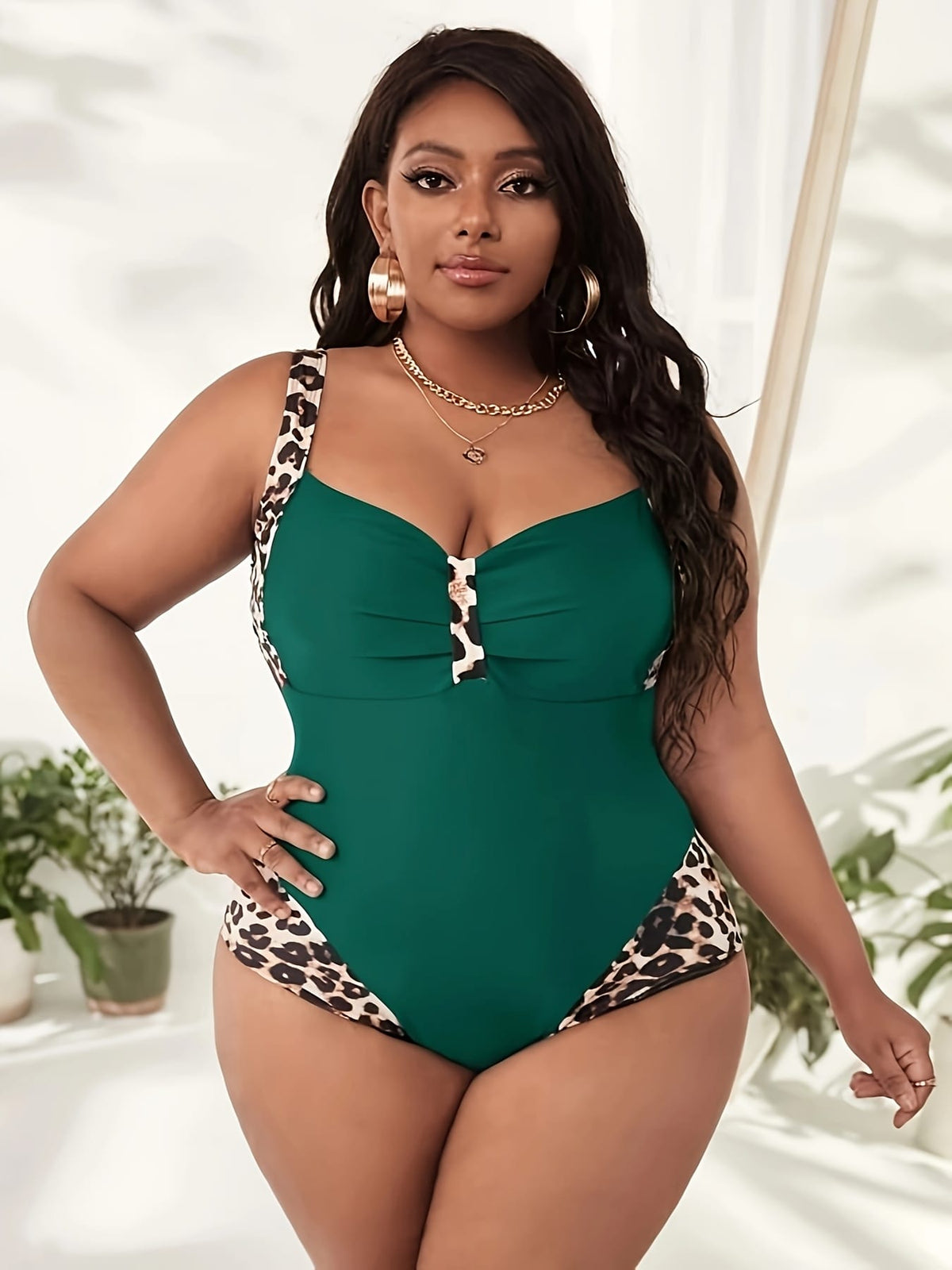 KissICON Leopard Print Stitching Solid Color Women's One-piece