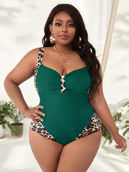 KissICON Leopard Print Stitching Solid Color Women's One-piece