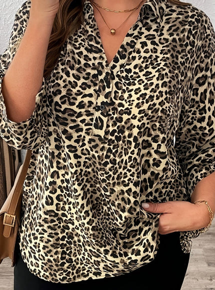 KissICON Leopard Print / UK 20 Plus Size - Plus Size - Women'S Plus-Size Trendy Leopard Print V-Neck Top, a Must-Have Fashion Item Featuring Popular Leopard Print with 3/4 Sleeves., This Classic Round Neck Blouse Features Short Rolled Sleeves with a Flared