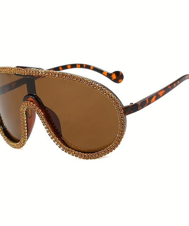 KissICON Eyewear Leopard Yellow Diamond Tea Sparkling Bohemian Y2K Encrusted Large Frame Fashion Glasses