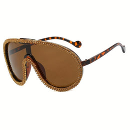 KissICON Eyewear Leopard Yellow Diamond Tea Sparkling Bohemian Y2K Encrusted Large Frame Fashion Glasses