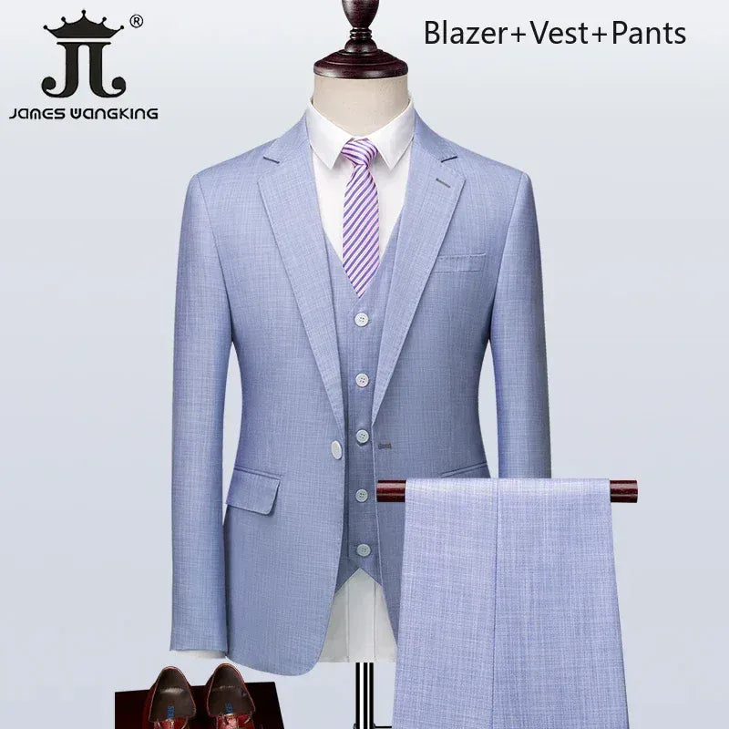 KissICON Light Blue 3Piece / L (EUR XS) British Plaid 3Pc Mens Suit Blazer Vest Pants S5XL