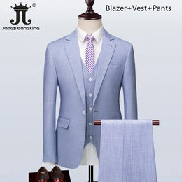 KissICON Light Blue 3Piece / L (EUR XS) British Plaid 3Pc Mens Suit Blazer Vest Pants S5XL