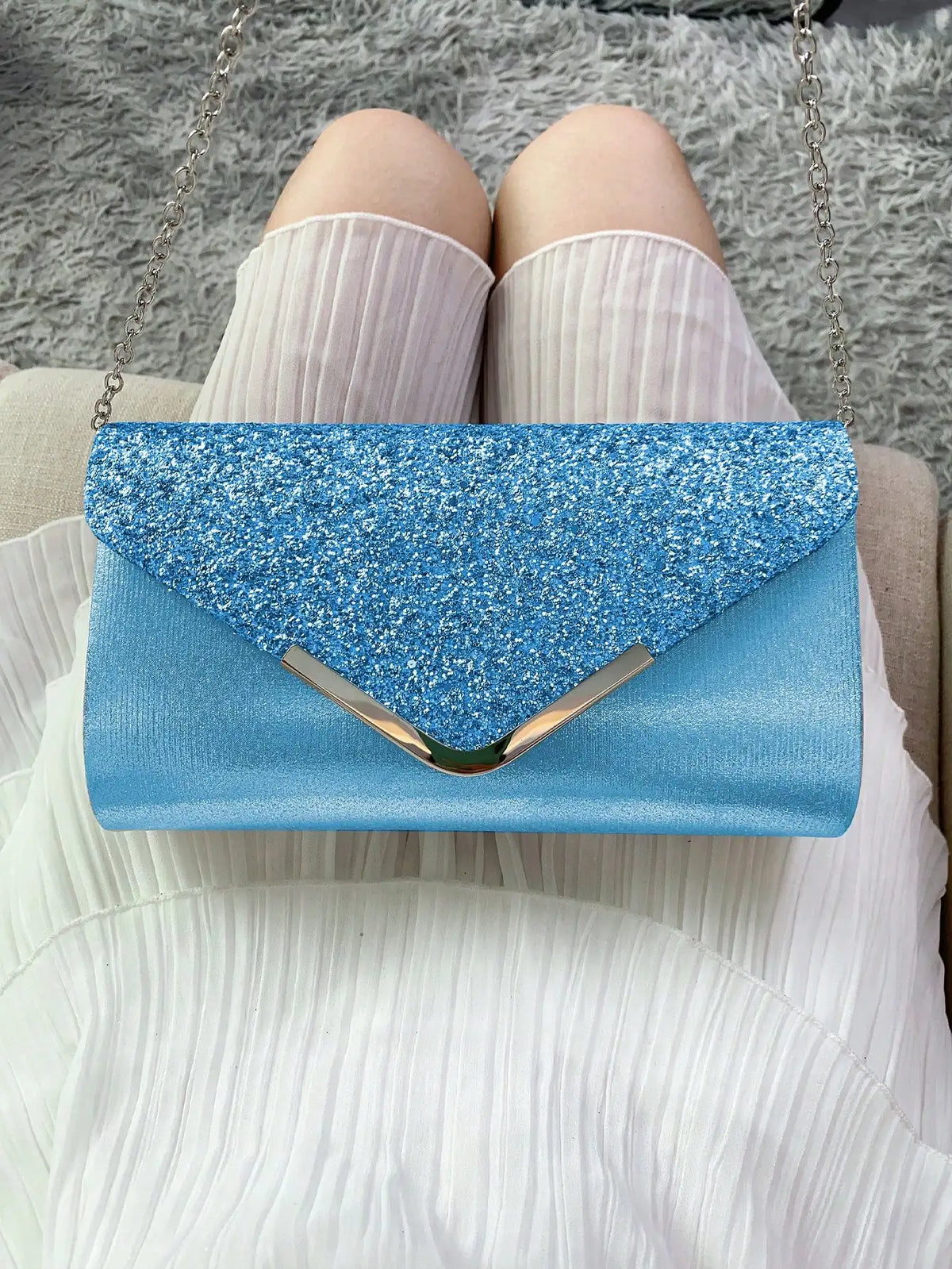 Dropshipman Light blue Glitter Bling Envelope Clutch Bag – Shiny Party & Wedding Dinner Handbag