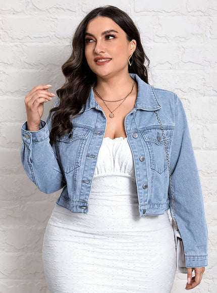 jkthpu-45 Light Blue Plus Size Washed NonStretch Denim Jacket