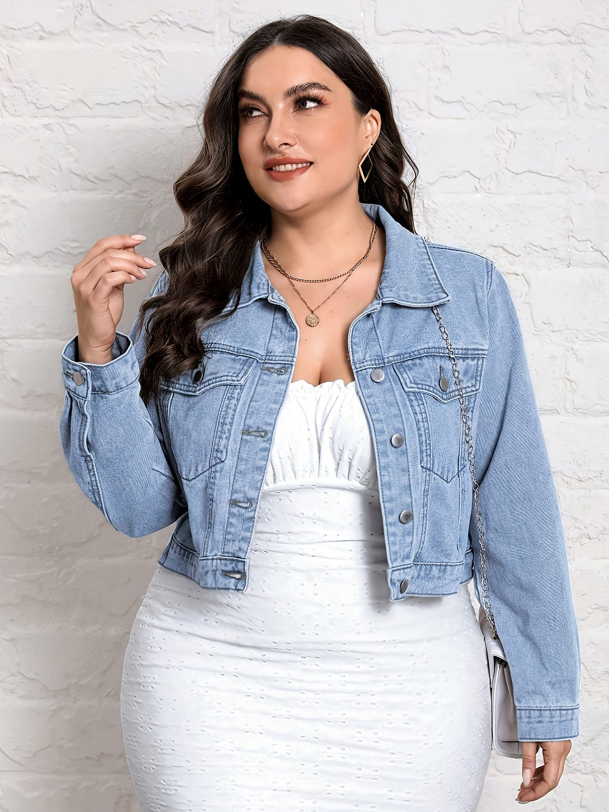 jkthpu-45 Light Blue Plus Size Washed NonStretch Denim Jacket